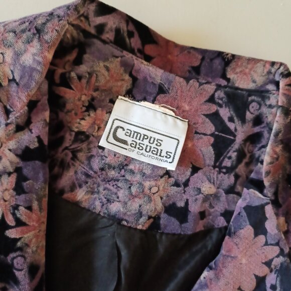Vintage 70s Dark Floral Cotton Velvet Blazer - Picture 8 of 9